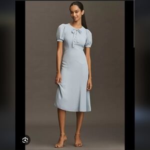 Reformation Delia Elegant Blue Bow Tie-Neck Midi Dress